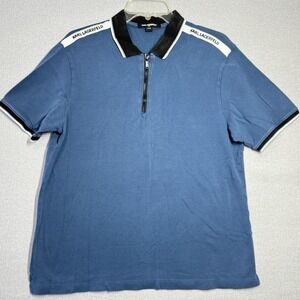 Karl Lagerfeld Polo Shirt Mens Large Blue‎ 1/4 Zip Logo Tape Collar Casual Top